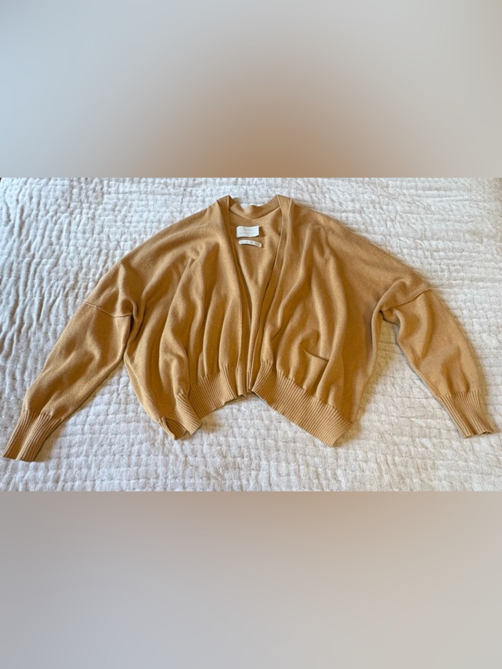 LAUREN MANOOGIAN Slouchy Caramel Cotton & Cashmere Blend Cardigan Sweater Flaws